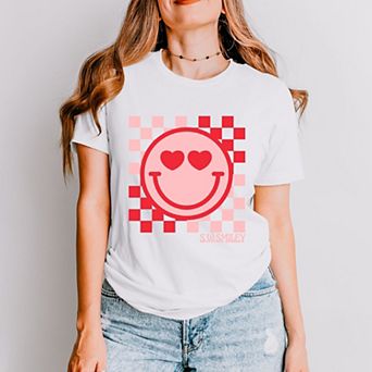 S.W.Smiley Checkered Heart Eyes Smiley - Women's Short Sleeve Graphic T-Shirt