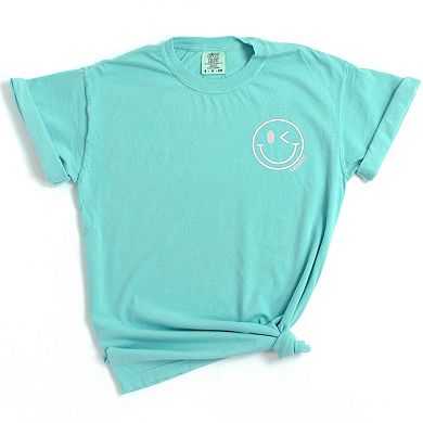 S.W.Smiley Embroidered Smiley Face Outline - Women's Garment Dyed Graphic T-Shirt