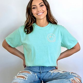 S.W.Smiley Embroidered Smiley Face Outline - Women's Garment Dyed Graphic T-Shirt