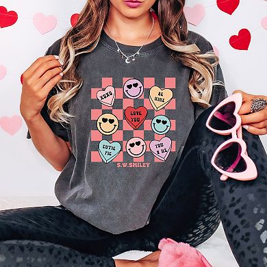 S.W.Smiley Candy Heart Smile Solid - Women's Garment Dyed Graphic T-Shirt