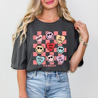 S.W.Smiley Candy Heart Smile Solid - Women's Garment Dyed Graphic T-Shirt