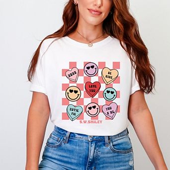 S.W.Smiley Candy Heart Smile Solid - Women's Garment Dyed Graphic T-Shirt