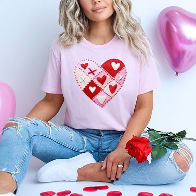 Heart Stitching Patchwork Print - Women's Short Sleeve Graphic T-Shirt