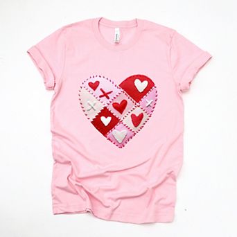 Heart Stitching Patchwork Print - Women's Short Sleeve Graphic T-Shirt