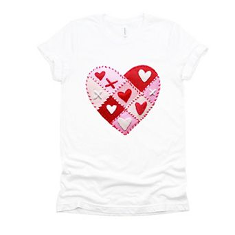 Heart Stitching Patchwork Print - Women's Short Sleeve Graphic T-Shirt