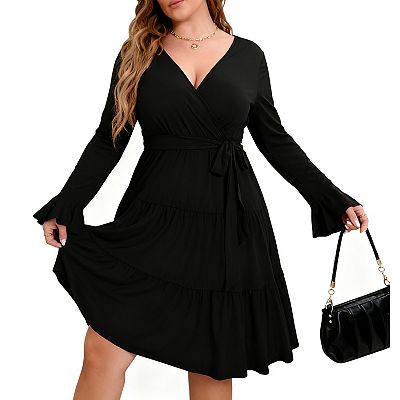 Plus Size Women's V-Neck Flared Sleeve High Waist Belted Knee-Length Wrap  Dress