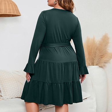 Plus Size Women's V-Neck Flared Sleeve High Waist Belted Knee-Length Wrap Dress