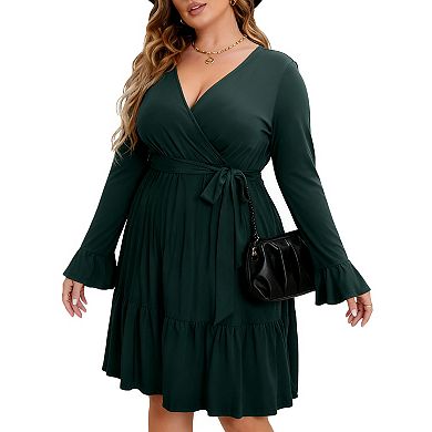 Plus Size Women's V-Neck Flared Sleeve High Waist Belted Knee-Length Wrap Dress