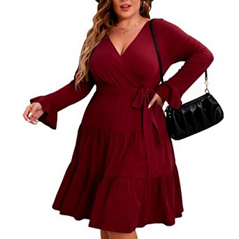 Plus Size Women's V-Neck Flared Sleeve High Waist Belted Knee-Length Wrap Dress
