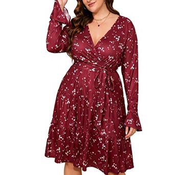Plus Size Women's V-Neck Flared Sleeve High Waist Belted Knee-Length Wrap Dress