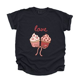 Love Cursive Cupcakes Coquette - Women's Garment Dyed Graphic T-Shirt