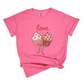 Love Cursive Cupcakes Coquette - Women's Garment Dyed Graphic T-Shirt