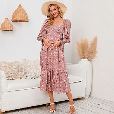 Maternity Square Neck Floral Smocked Bust Long Sleeve Nursing Dress Maxi Dress