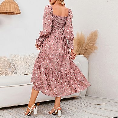 Maternity Square Neck Floral Smocked Bust Long Sleeve Nursing Dress Maxi Dress