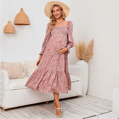 Maternity Square Neck Floral Smocked Bust Long Sleeve Nursing Dress Maxi Dress