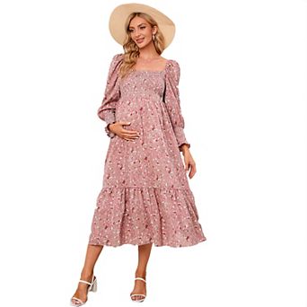 Maternity Square Neck Floral Smocked Bust Long Sleeve Nursing Dress Maxi Dress