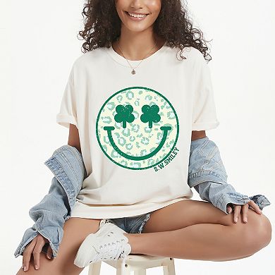 S.W.Smiley Clover Leopard Smiley Face - Women's Garment Dyed Graphic T-Shirt