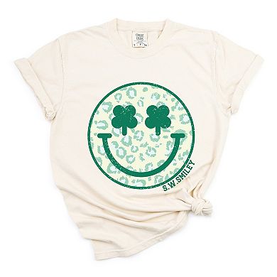 S.W.Smiley Clover Leopard Smiley Face - Women's Garment Dyed Graphic T-Shirt