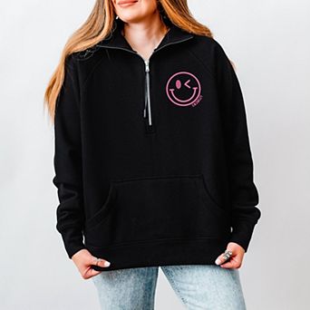 S.W.Smiley Embroidered Smiley Face Outline - Women's Quarter Zip Fleece Graphic Sweatshirt