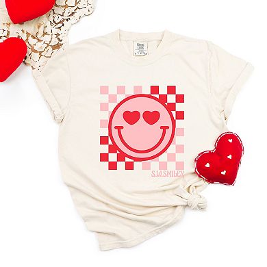 S.W.Smiley Checkered Heart Eyes Smiley - Women's Garment Dyed Graphic T-Shirt