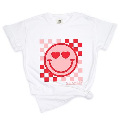 S.W.Smiley Checkered Heart Eyes Smiley - Women's Garment Dyed Graphic T-Shirt