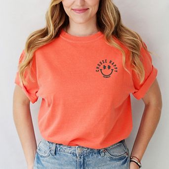 S.W.Smiley Embroidered Choose Happy Lightning Face - Women's Garment Dyed Graphic T-Shirt