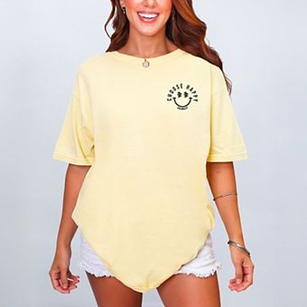 S.W.Smiley Embroidered Choose Happy Lightning Face - Women's Garment Dyed Graphic T-Shirt