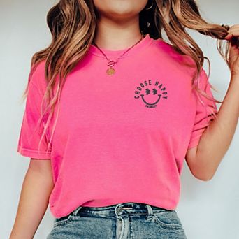 S.W.Smiley Embroidered Choose Happy Lightning Face - Women's Garment Dyed Graphic T-Shirt