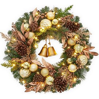 24" Pre-Lit Christmas Wreath for Front Door,Artificial Christmas Wreath with Lights,Battery Operated