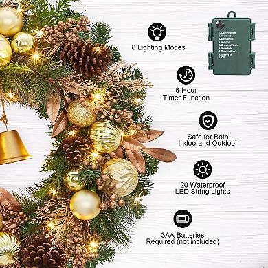 24" Pre-Lit Christmas Wreath for Front Door,Artificial Christmas Wreath with Lights,Battery Operated