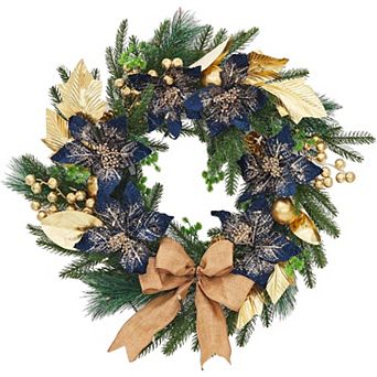 24" Christmas Wreath for Front Door, Pre-Lit Xmas Wreath with Bows, Gold Leaves & Ball Ornaments