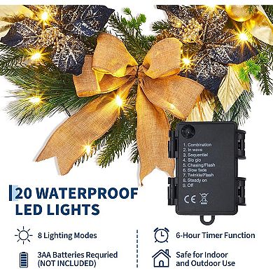 24" Christmas Wreath for Front Door, Pre-Lit Xmas Wreath with Bows, Gold Leaves & Ball Ornaments