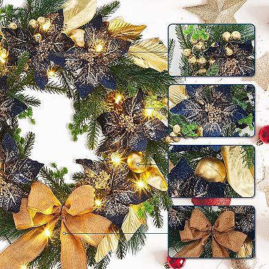 24" Christmas Wreath for Front Door, Pre-Lit Xmas Wreath with Bows, Gold Leaves & Ball Ornaments