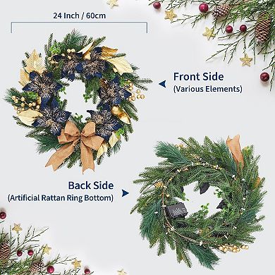 24" Christmas Wreath for Front Door, Pre-Lit Xmas Wreath with Bows, Gold Leaves & Ball Ornaments