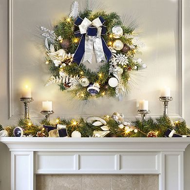 24" Artificial Christmas Wreath,Christmas Door Wreath with Light Pine Cone Bowknots Flower for Decor