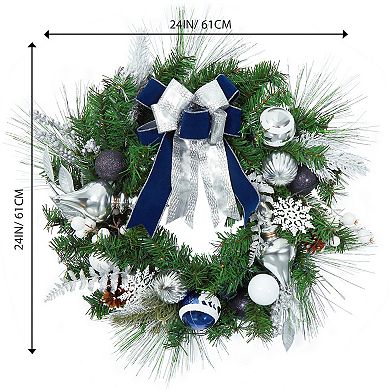 24" Artificial Christmas Wreath,Christmas Door Wreath with Light Pine Cone Bowknots Flower for Decor