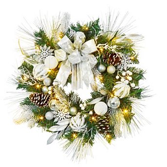 24" Artificial Christmas Wreath,Christmas Door Wreath with Light Pine Cone Bowknots Flower for Decor