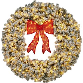 Artificial Christmas Wreath with Bow, Pre-Lit Winter Wreath with LED Light, Holiday Xmas Decorations