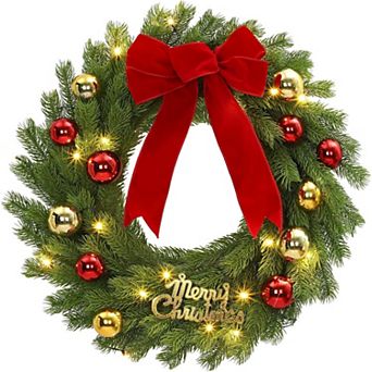 24" Pre-Lit Christmas Wreath with 20 LED Lights & Red Bow - Battery Operated Decor, 8 Lighting Modes