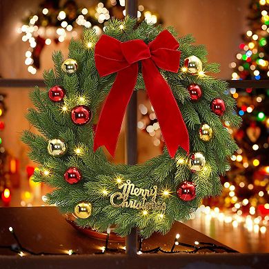 24" Pre-Lit Christmas Wreath with 20 LED Lights & Red Bow - Battery Operated Decor, 8 Lighting Modes