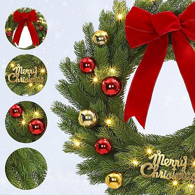 24" Pre-Lit Christmas Wreath with 20 LED Lights & Red Bow - Battery Operated Decor, 8 Lighting Modes