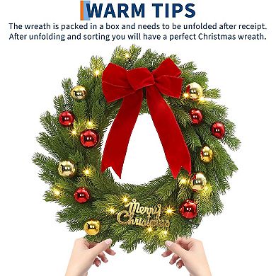 24" Pre-Lit Christmas Wreath with 20 LED Lights & Red Bow - Battery Operated Decor, 8 Lighting Modes