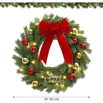 24" Pre-Lit Christmas Wreath with 20 LED Lights & Red Bow - Battery Operated Decor, 8 Lighting Modes