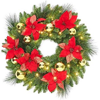 24" Pre-Lit Artificial Christmas Wreath, Frosted Pine Cone & Berry Winter Greenery Wreath for Door