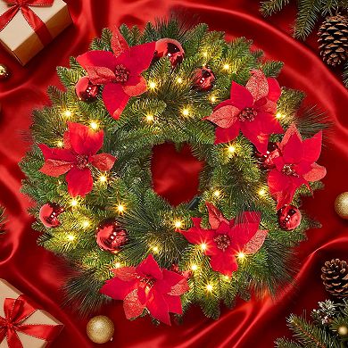 24" Pre-Lit Artificial Christmas Wreath, Frosted Pine Cone & Berry Winter Greenery Wreath for Door