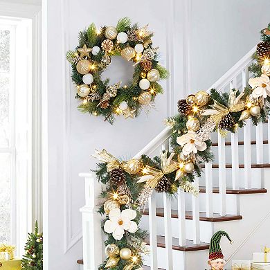 2PCS Lighted Christmas Wreath,Pre-Lit Christmas Wreath with Pinecones and Gold Accents,Warm Light