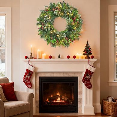 24" Pre Lit Artificial Christmas Wreath with Warm White LED Lights, Frosted Pine Cones & Branches