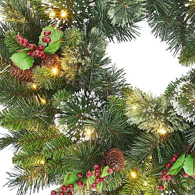 24" Pre Lit Artificial Christmas Wreath with Warm White LED Lights, Frosted Pine Cones & Branches