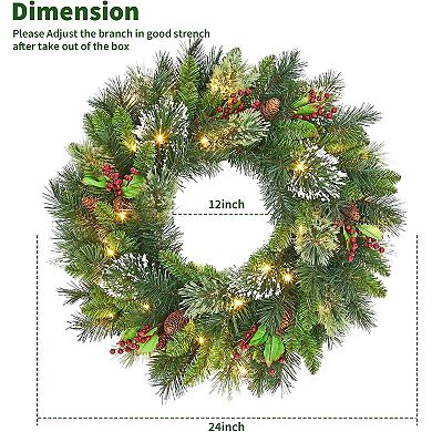 24" Pre Lit Artificial Christmas Wreath with Warm White LED Lights, Frosted Pine Cones & Branches