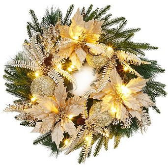 24" Pre-Lit Christmas Wreath,Artificial Wreath with Golden Ball Ornaments & Artificial Flower Leaves